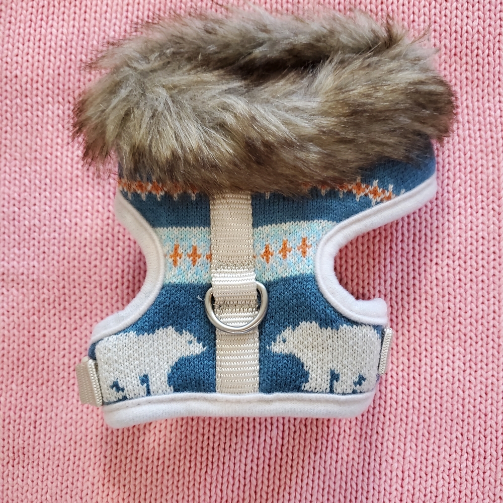 Faux Fur Trimmed Dog Harness - Blue and Cream